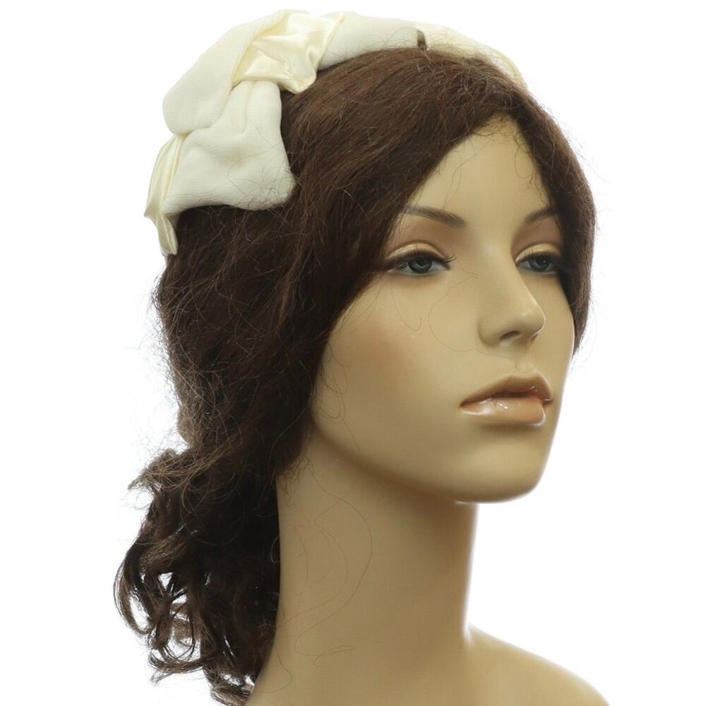 Vintage 1950s Clover Lane White Satin Velveteen Bow Cap Hat